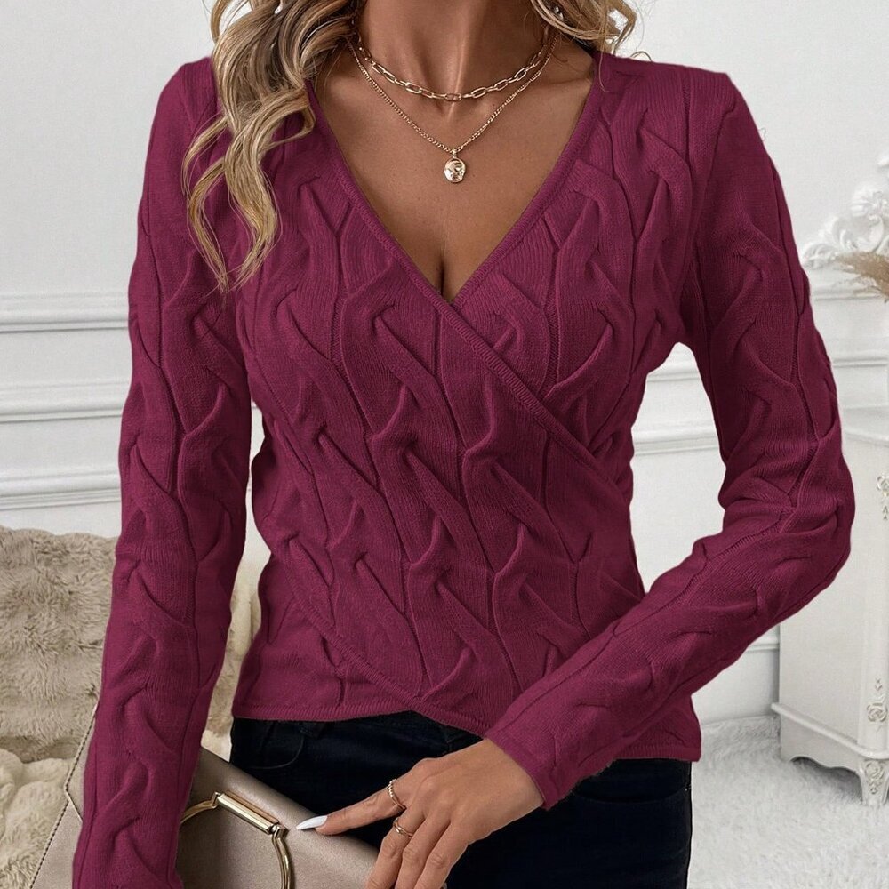 Burgundy Casual Women's Crossover Cable-Tie Elegant Sweater